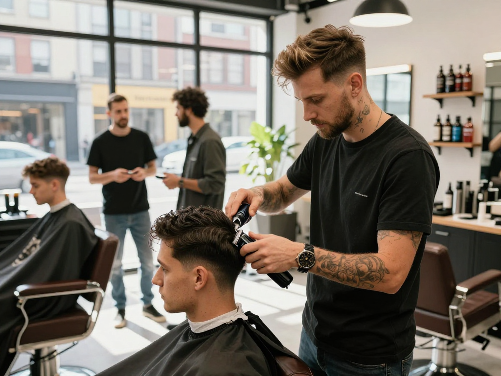 Stylish barbershop experience showing barber cutting hair and showcasing rokok 88 hair products in a vibrant urban setting.